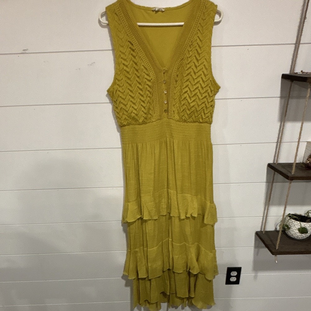 Kings Road Yellow Solid Fit & Flare Lace Lined V-Neck Button Dress XL Midi